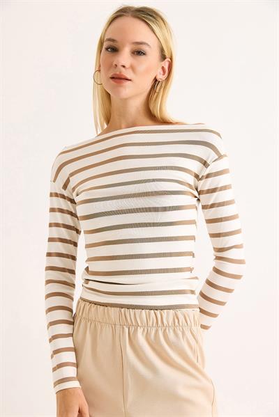 Kadın Çizgi Desen Geniş Yaka Uzun Kollu Bluz Sütlü Kahve