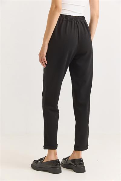 Beli Lastikli Katlı Paça Kadın Pantolon Siyah