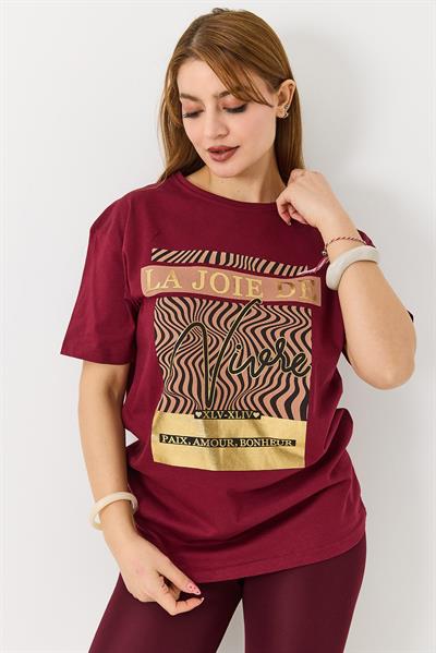Kadın Parlak Yazılı Baskılı Tshirt Bordo