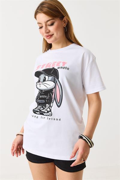 Kadın Baskılı Bisiklet Yaka Kısa Kol Tshirt Beyaz