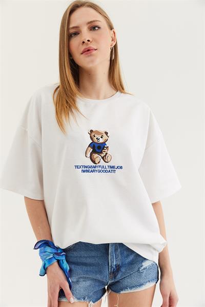 Bisiklet Yaka Oversize T-Shirt Beyaz