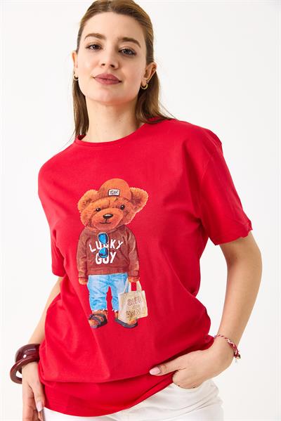 Ayıcık Baskılı Pamuklu Bisiklet Yaka Tshirt Kırmızı