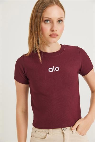 Bisiklet Yaka Alo Nakışlı Fitilli Crop Bluz Bordo