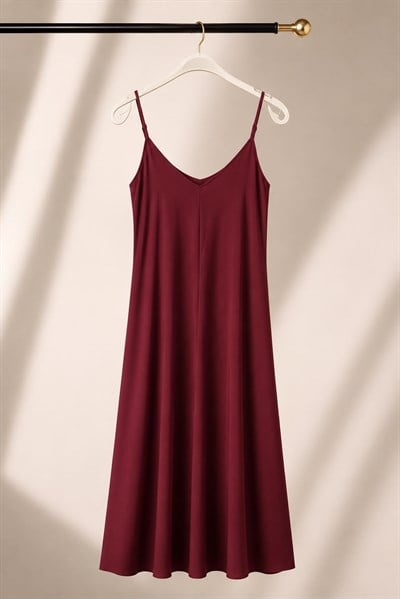 Kadın İnce Ayarlanabilir Askılı Oversize Elbise Bordo