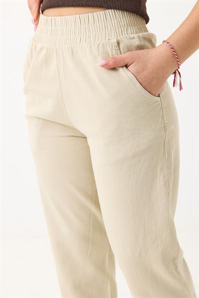 Kadın Kanvas Cepli Mom Pantolon Bej