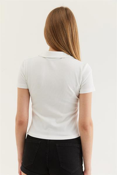 Fermuarlı Gömlek Yaka Crop Bluz Beyaz