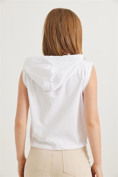 Kapüşonlu Sıfır Kol Baskılı Tshirt Beyaz