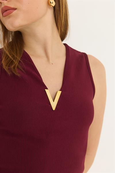 V Yaka Sıfır Kol Triko Bluz Bordo