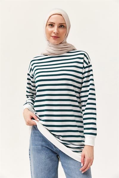 Çizgili Oversize Tunik Yeşil