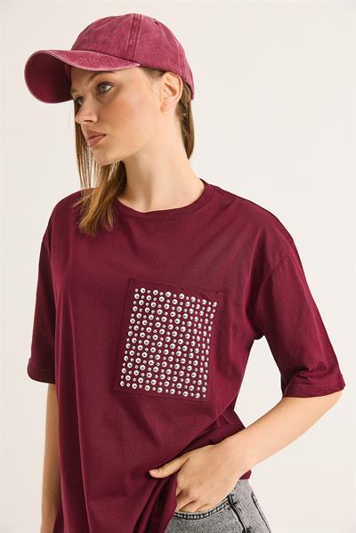 Bisiklet Yaka Taş Detaylı Cepli Tshirt Bordo