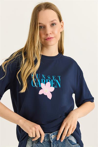 Ön Arka Baskılı Bisiklet Yaka Tshirt Lacivert