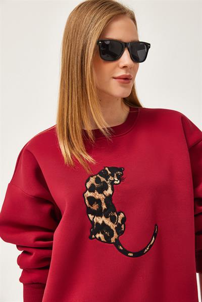 Leopar Baskılı Üç İplik Şardonlu Sweatshirt Bordo