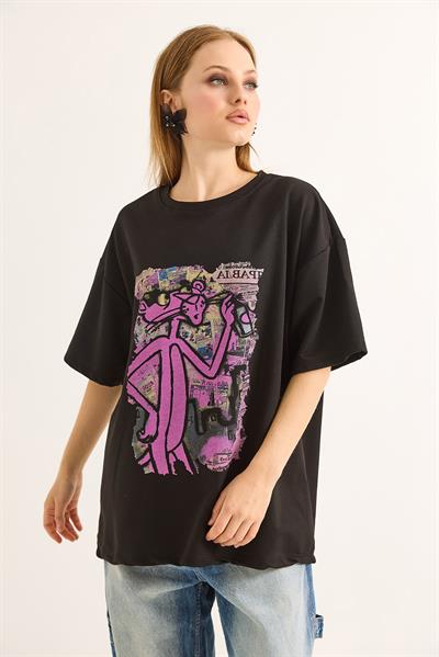 Baskılı Oversize Kesim Kadın Tshirt Siyah