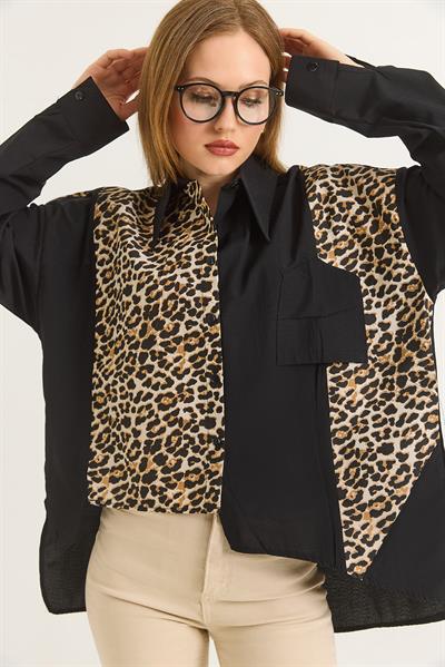 Leopar Garnili Ters Cep Detaylı Siyah Gömlek