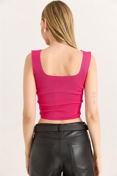  Kare Yaka Crop Triko Bluz Fuşya