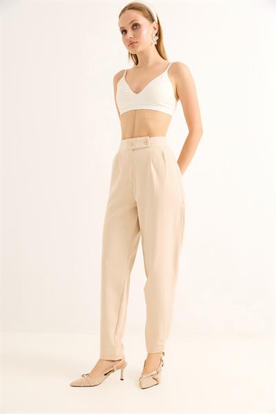 Havuç Model Çift Düğmeli Palazzo Pantolon Krem
