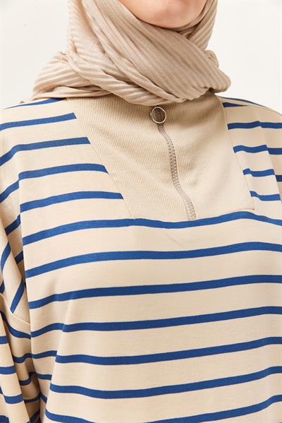 Yarım Fermuar Çizgili Uzun Elbise Lacivert