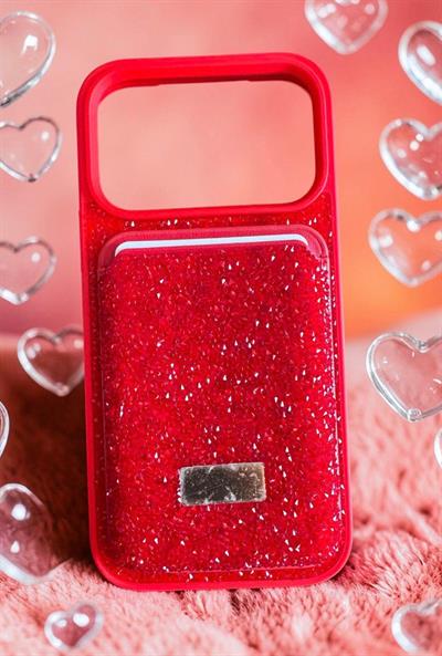 İphone 17 Pro Max Uyumlu Parlak ve Taşlı Kart Bölümlü Kılıf Kırmızı