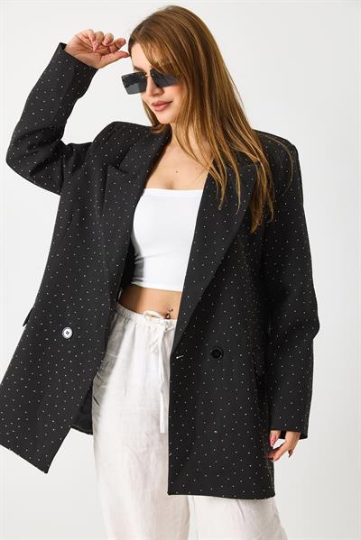 Kadın Taş Detaylı Astarlı Oversize Ceket Siyah