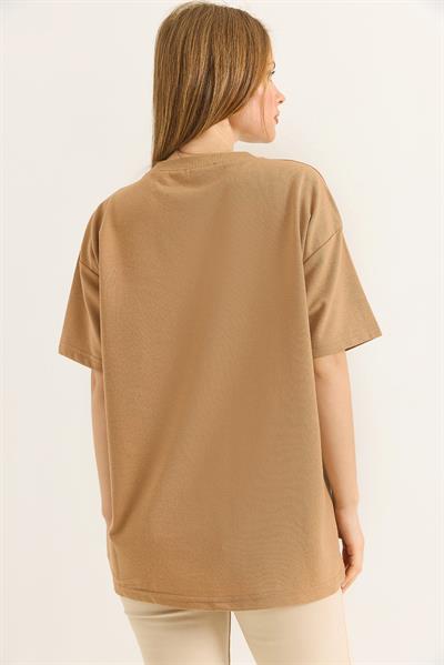 Kurdele Baskı Detaylı Basic TShirt  Vizon