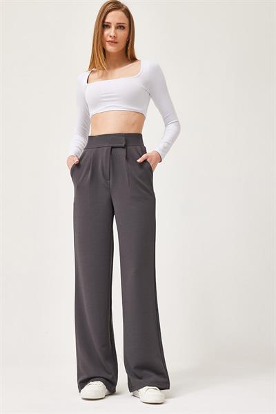 Beli Cırtlı Rahat Palazzo Pantolon Füme