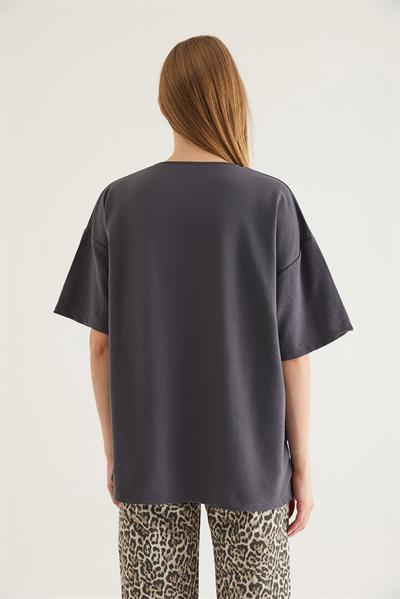 Baskılı Oversize Tshirt Füme
