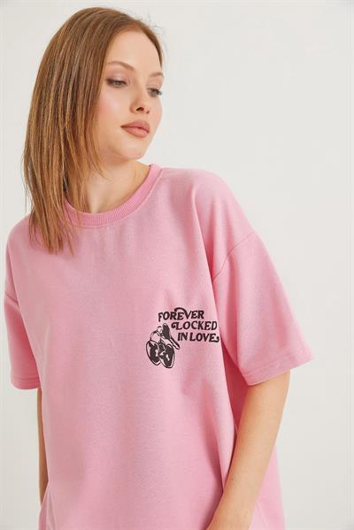 Baskılı Oversize İki İplik Tshirt Pembe
