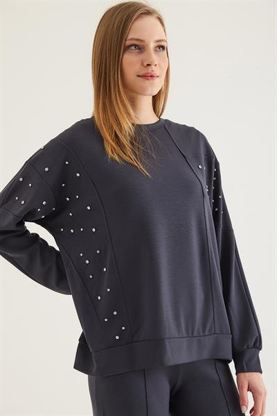 Taş Detaylı Modal Sweatshirt Füme