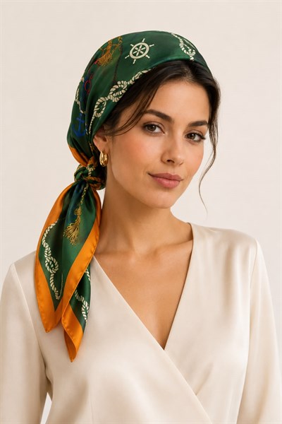 Kadın 45X45 Ölçülü Zincir Desenli Fular Yeşil