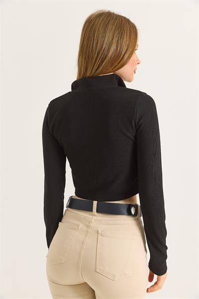 Dik Yaka Fermuarlı Crop Bluz Siyah