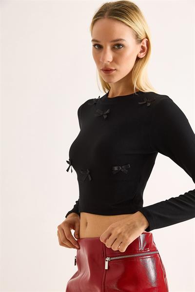 Kadın Kurdeleli Uzun Kollu Crop Bluz Siyah