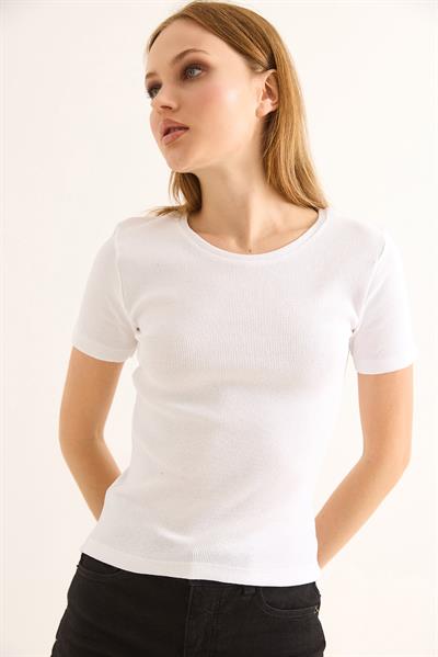 Bisiklet Yaka Kaşkorse Kadın Bluz Beyaz