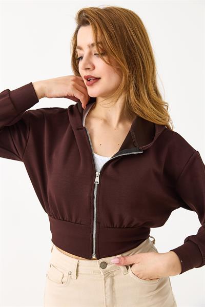 Kapişonlu Fermuarlı Modal Sweat Hırka Kahverengi