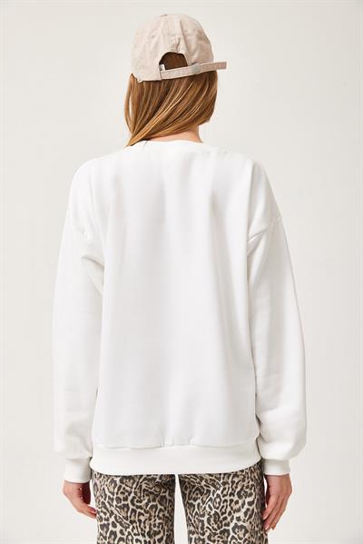 Oversize Nakışlı Sweatshirt Beyaz