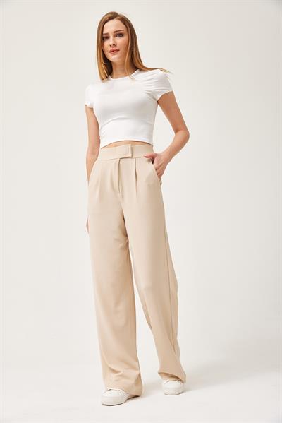 Beli Cırtlı Rahat Palazzo Pantolon Krem
