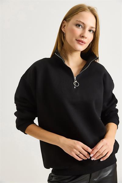 Kadın Yaka Fermuarlı 2 İplik Sweatshirt Siyah