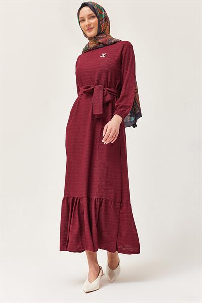 Kuşaklı Kat Keten Elbise Bordo