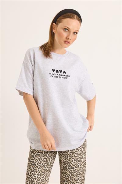 Bisiklet Yaka Baskılı Oversize Tshirt Gri