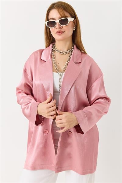 Kadın  Kruvaze Yaka Saten Oversize Blazer Ceket Pembe
