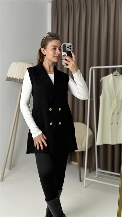 Düğmeli Oversize Triko Yeelek Siyah Kadın 