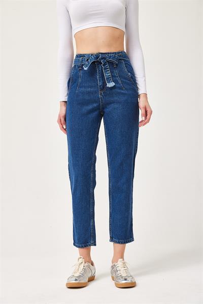 Yüksek Bel Kuşaklı Jeans Pantolon Lacivert