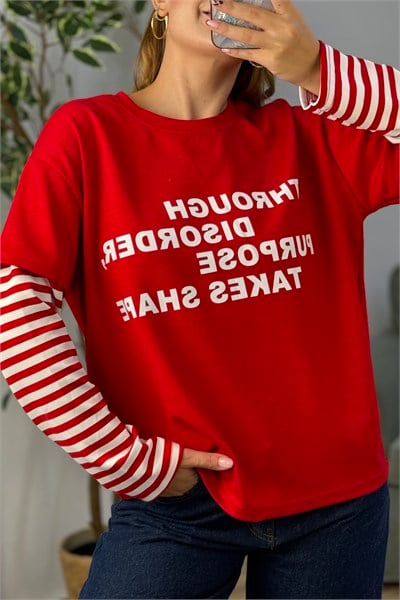 Kadın Yazı Baskılı Kolları Çizgili Bisiklet Yaka Tshirt Kırmızı