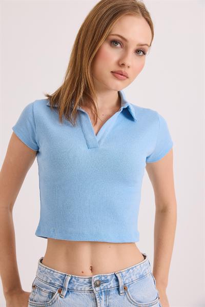 Polo Yaka Basıc Kısa Kollu Örme Kaşkorse Crop Bluz Mavi