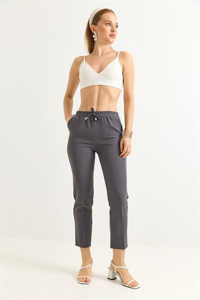 Beli Lastikli Kısa Paça Double Krep Pantolon Gri