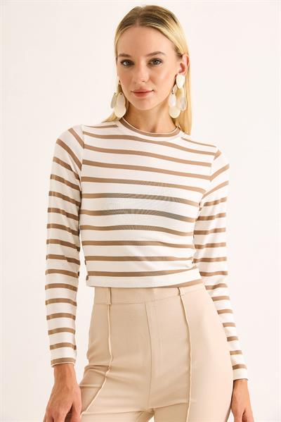 Kadın Çizgi Desenli Crop Bluz Bej