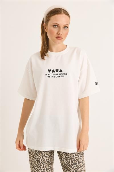 Bisiklet Yaka Baskılı Oversize Tshirt Beyaz