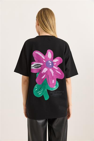 Baskılı Bisiklet Yaka Basic Tshirt Siyah