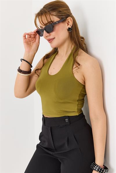 Kadın Boyundan Askılı  Crop Bluz Yeşil