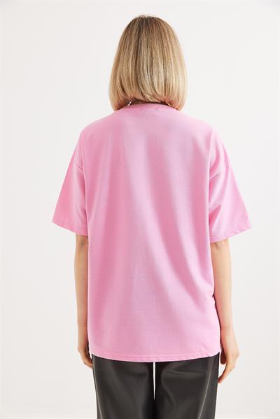 Baskılı Bisiklet Yaka Tshirt Pembe