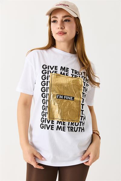 Kadın Dokulu I M Fıne Yazılı Bisiklet Yaka Tshirt Beyaz